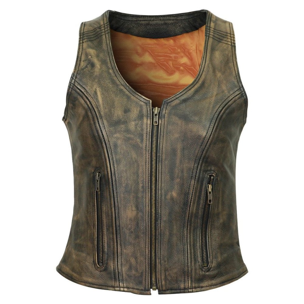Women's Distressed Brown Three Zipper ''High Mileage'' Cowhide Leather Vest